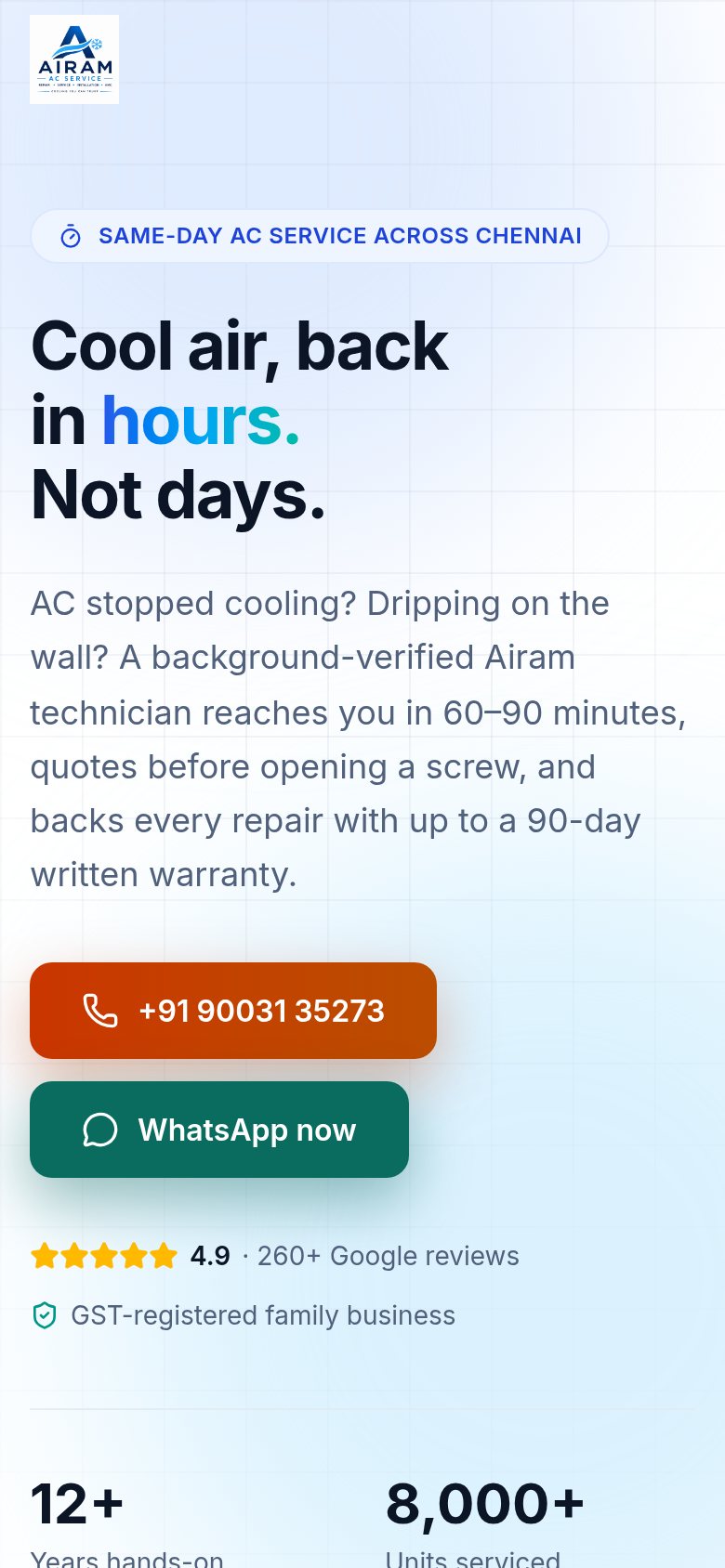 Airam AC Service website on a phone, 390 pixels wide